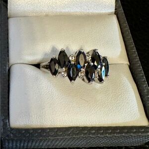 Sapphire with Round White Topaz Rhodium over Sterling Silver. Sz 7.